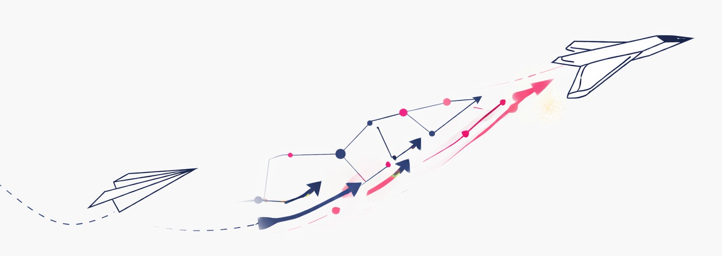 A paper plane's dotted path growing through data points into a jet