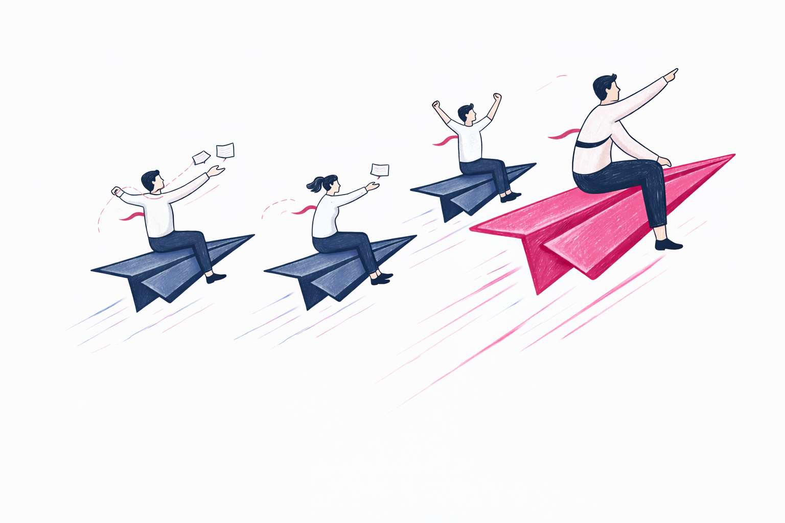 A team flying in formation on paper planes, the magenta leader in front